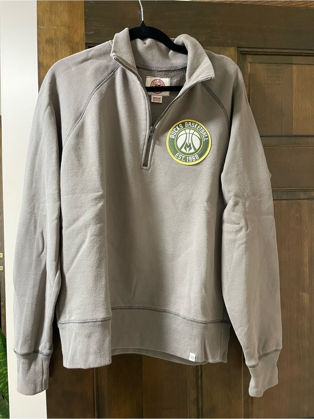 Men's Gray Quarter-Zip Fleece Pullover with Bucks Basketball Patch